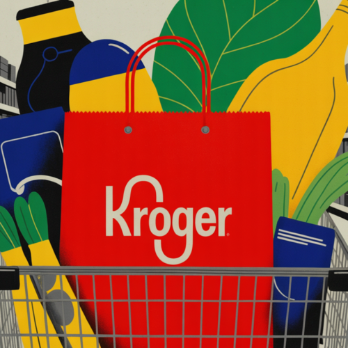 Kroger store banner exterior with digital shopping interface overlay representing AI assistant launch
