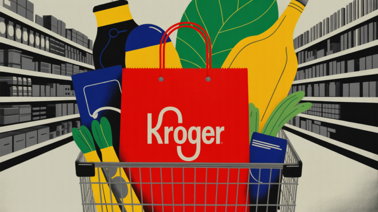 Kroger store banner exterior with digital shopping interface overlay representing AI assistant launch