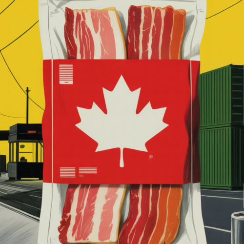 Packaged smoked bacon on a conveyor belt at a U.S. border inspection facility