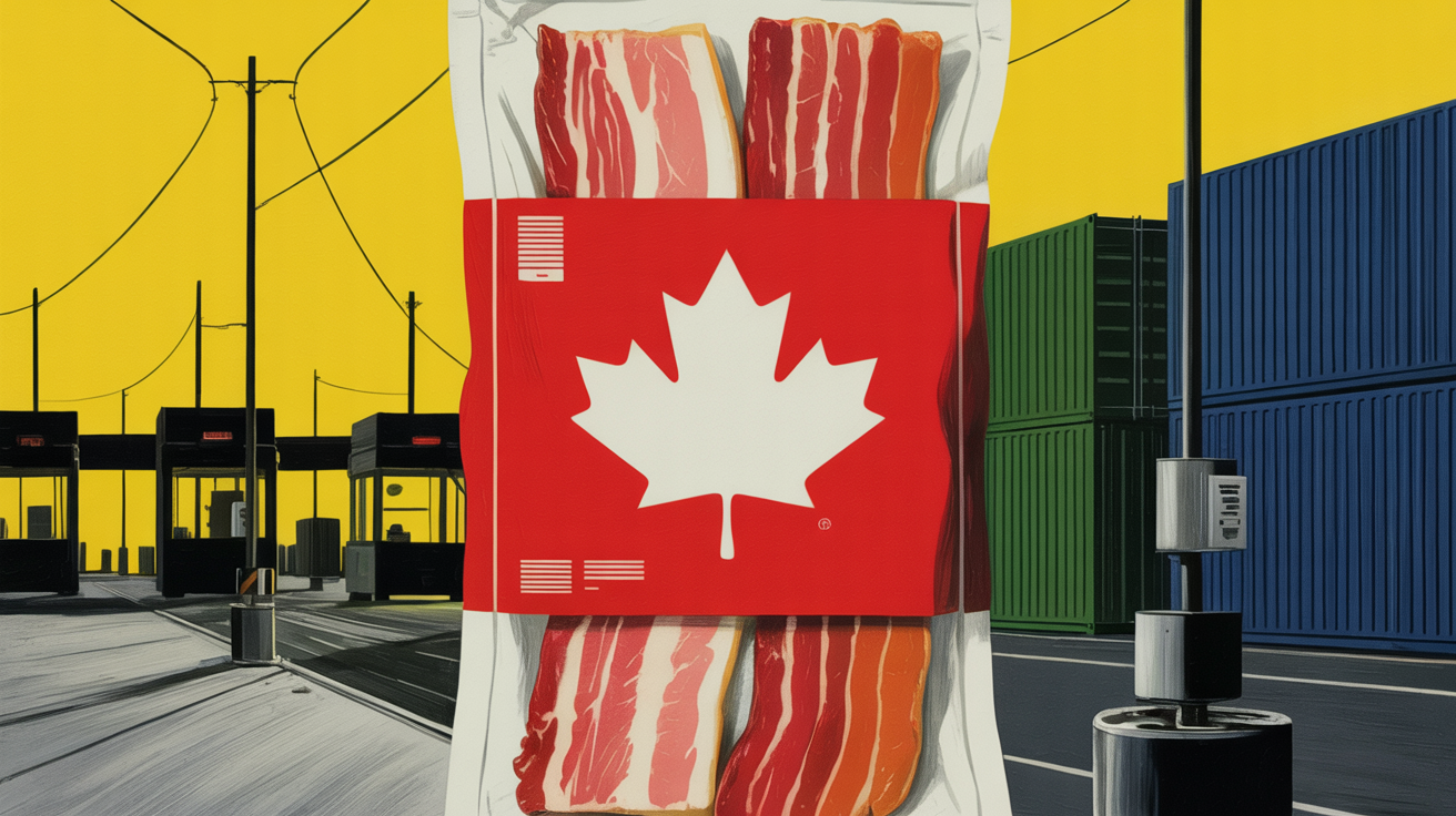 Packaged smoked bacon on a conveyor belt at a U.S. border inspection facility