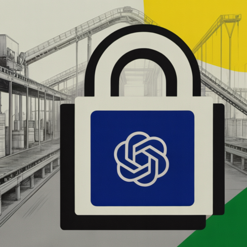 Digital lock icon overlaid on food manufacturing facility conveyor line