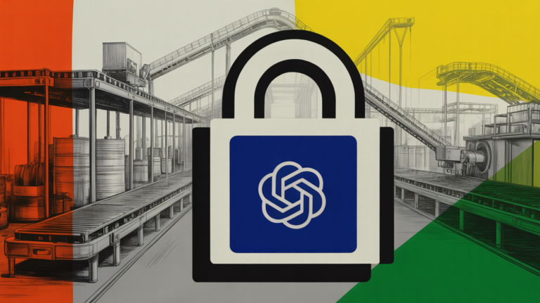 Digital lock icon overlaid on food manufacturing facility conveyor line