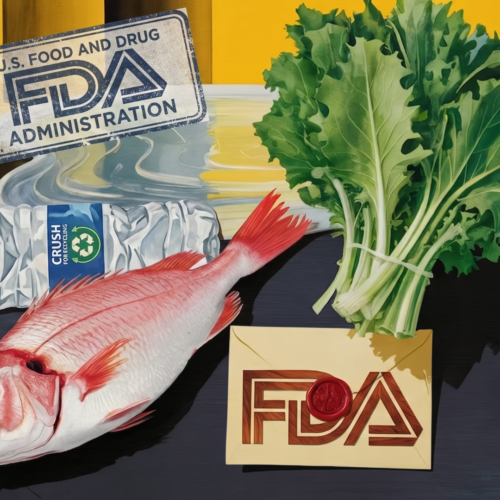 Fish, greens, plastic bottle, and torn labels beside an FDA administration badge and sealed FDA envelope