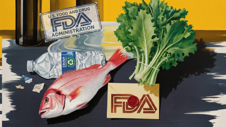 Fish, greens, plastic bottle, and torn labels beside an FDA administration badge and sealed FDA envelope