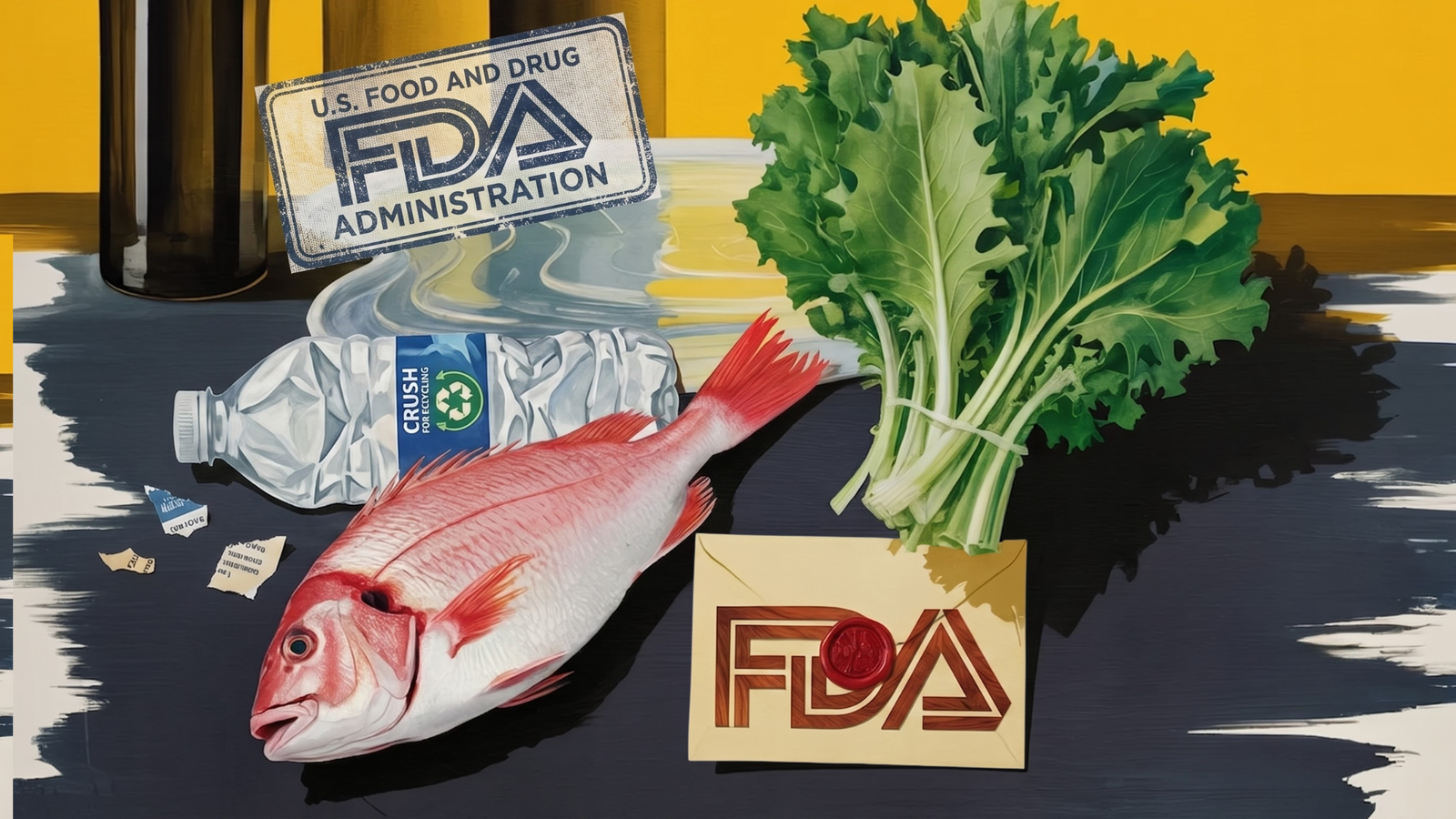Fish, greens, plastic bottle, and torn labels beside an FDA administration badge and sealed FDA envelope