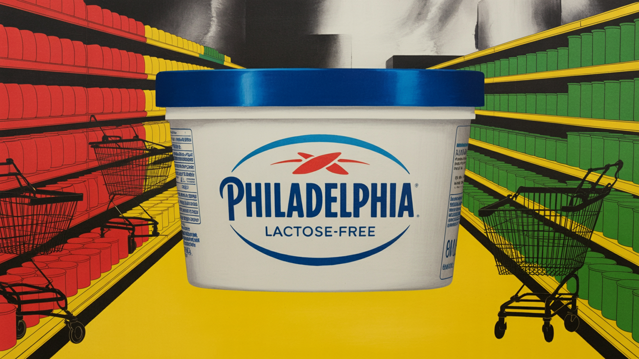 Philadelphia cream cheese block beside Cheez-It and Pringles snack packaging on retail shelf