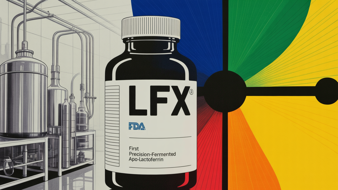Vials of precision fermented lactoferrin ingredient in a biotech production facility