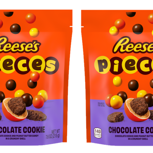 New Reese's Pieces Chocolate Cookie candy pouch on retail shelf display