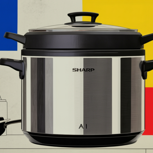 Sharp AI automatic cooking pot appliance displayed against a modern kitchen background