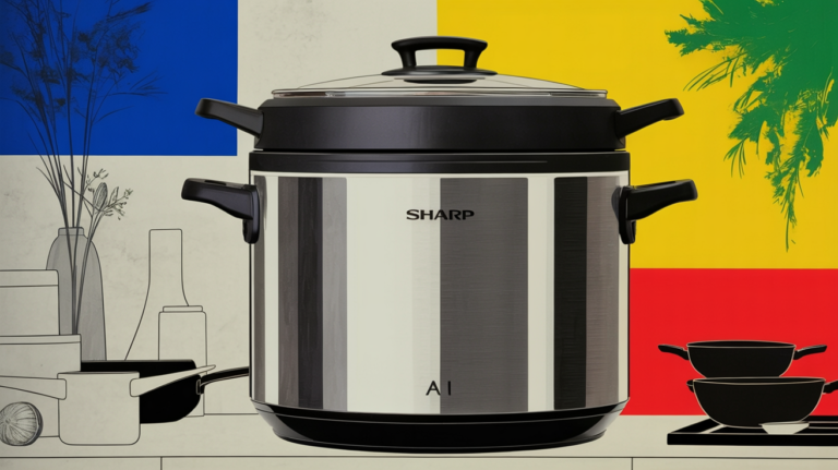 Sharp AI automatic cooking pot appliance displayed against a modern kitchen background