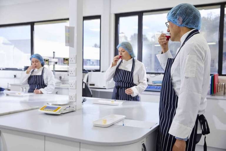 Scientists reviewing novel food regulatory documents in a research laboratory setting.