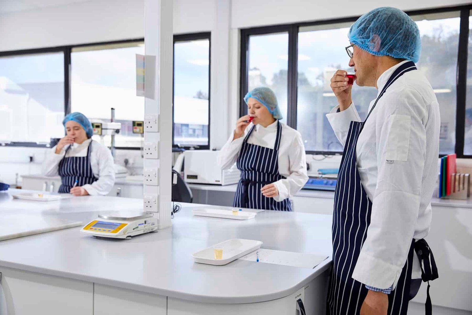 Scientists reviewing novel food regulatory documents in a research laboratory setting.