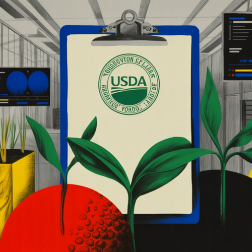 USDA researcher reviewing AI-generated crop data on a digital screen in a field lab