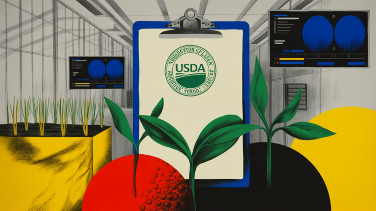 USDA researcher reviewing AI-generated crop data on a digital screen in a field lab