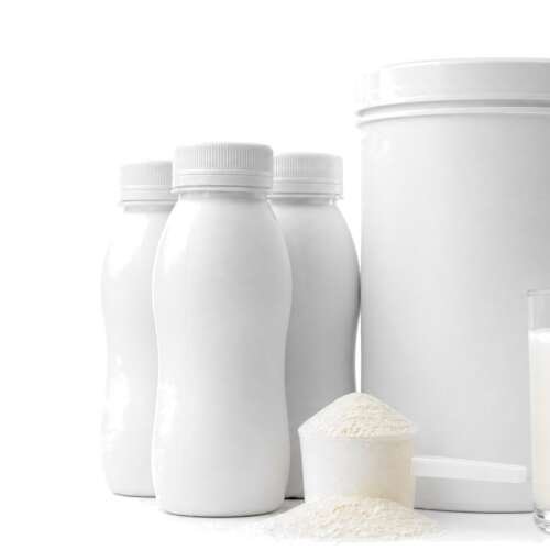 Plain white nutrition shake bottles, a powdered formula canister with a scoop and a glass of vanilla shake on white, with the Abbott logo