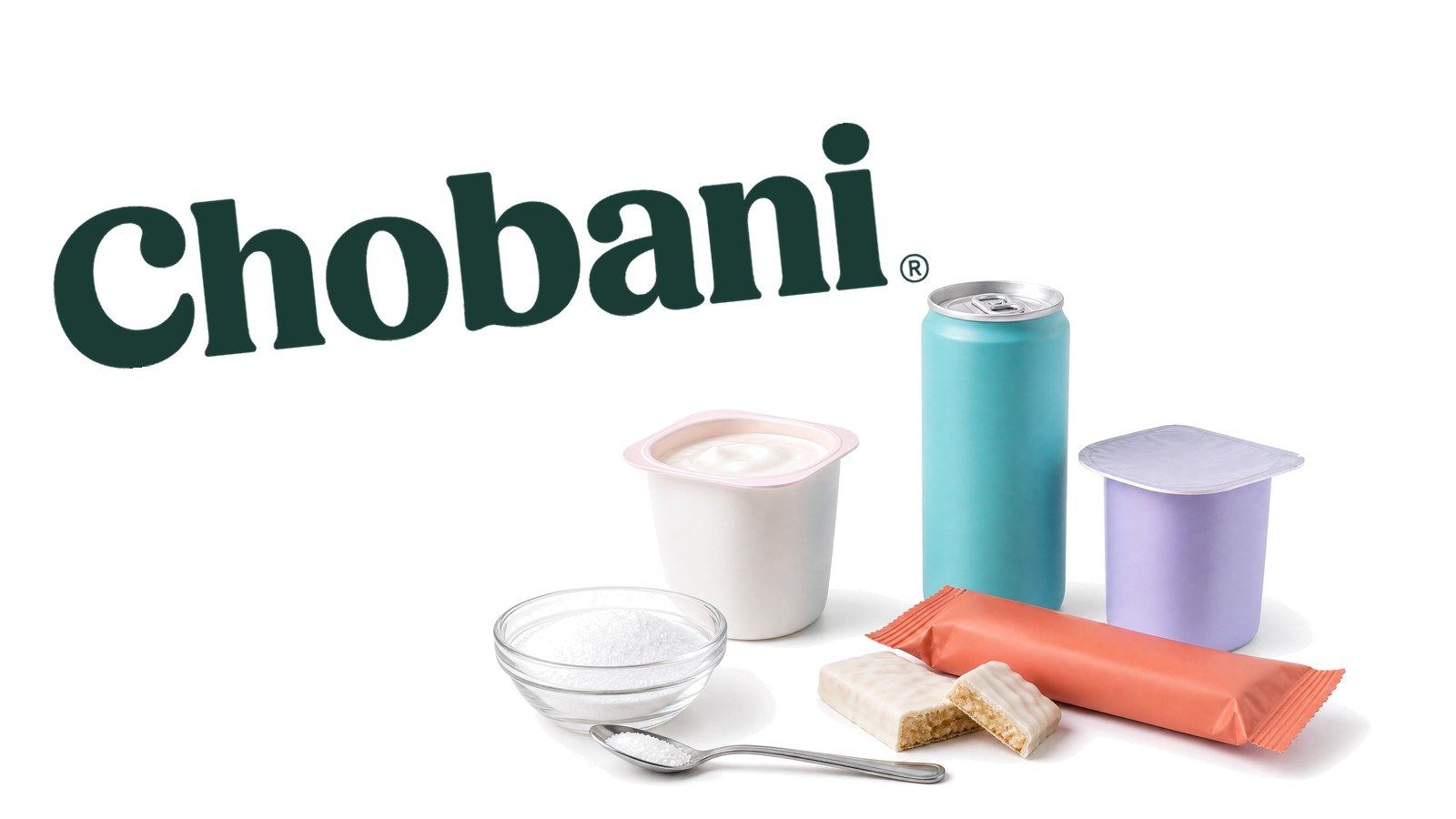 Yogurt cups, a beverage can, a protein bar and a dish of white sweetener on white, with the Chobani logo large behind them