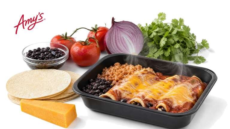 Amy's Kitchen frozen Bean and Cheese Burrito and Macaroni and Cheese boxes on a bright pure white studio background
