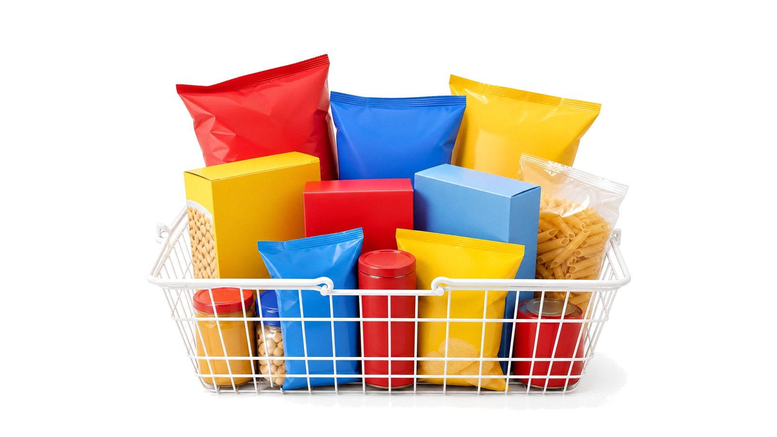 A white wire grocery basket filled with colorful plain packaged snacks and cereal boxes on white