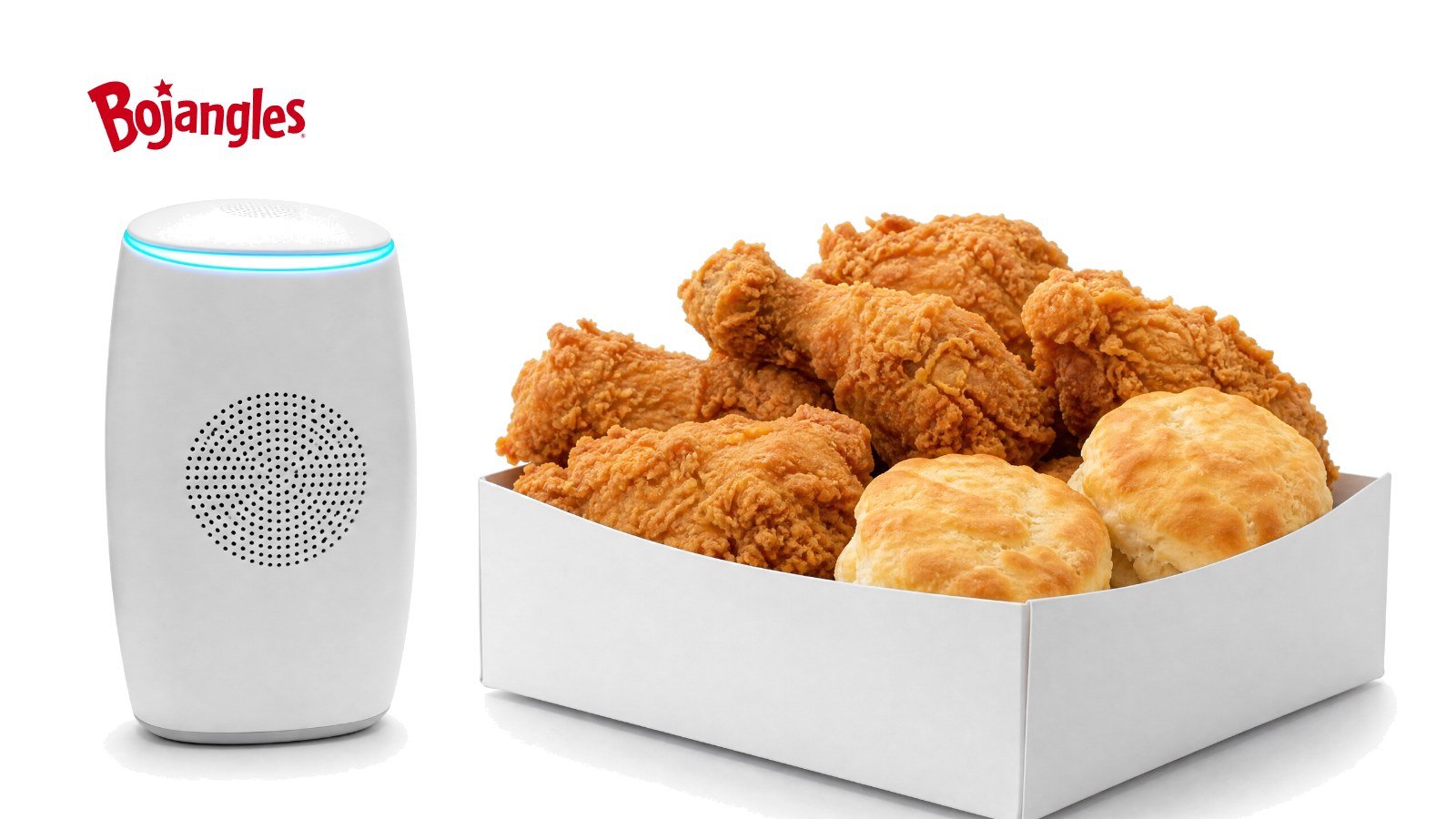 A box of fried chicken and biscuits beside a white drive-thru order speaker with a blue light ring, with the Bojangles logo