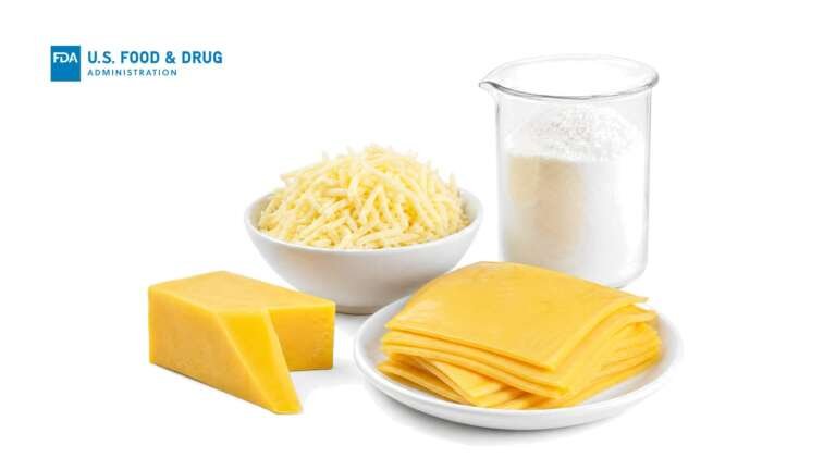Burger cheese slices, a block of cheese, shredded cheese and a glass beaker of white protein powder on white, with the FDA logo