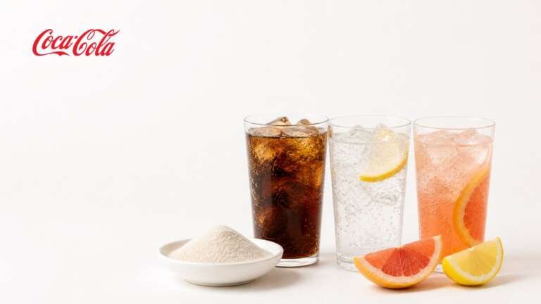 Glasses of cola, lemon-lime soda and grapefruit soda beside a dish of fiber powder, with the Coca-Cola logo