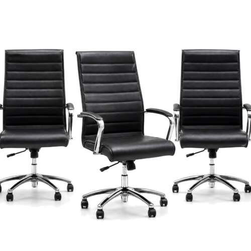A row of five black leather executive chairs on white, with the middle chair pulled out and empty