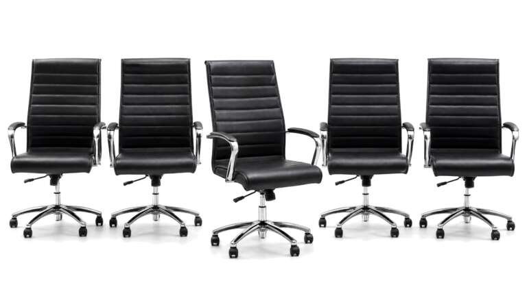 A row of five black leather executive chairs on white, with the middle chair pulled out and empty