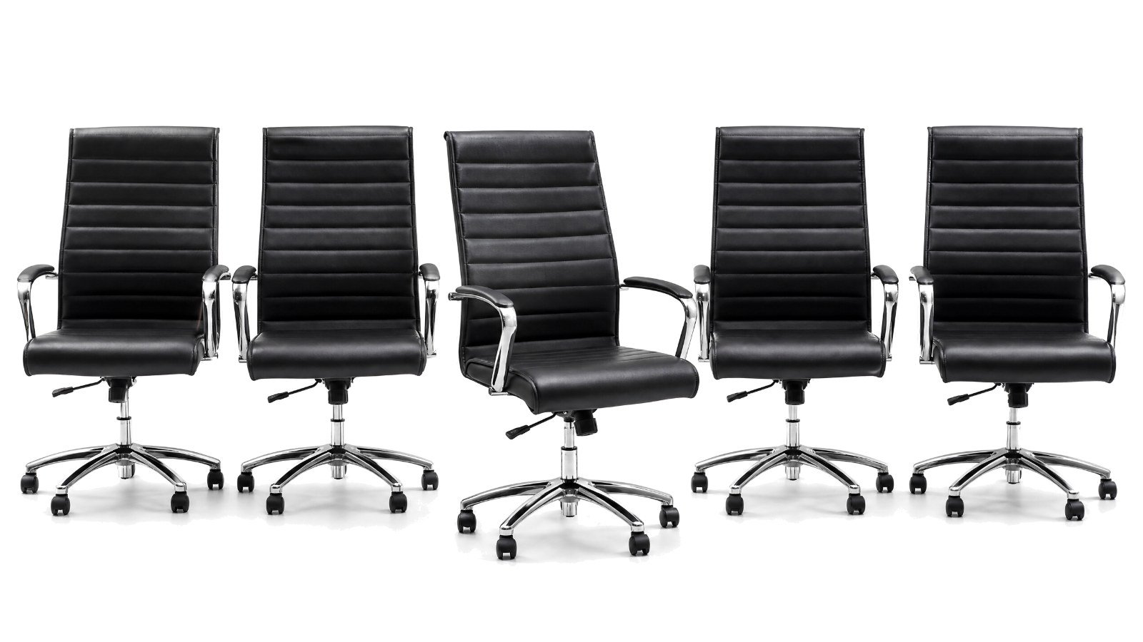 A row of five black leather executive chairs on white, with the middle chair pulled out and empty