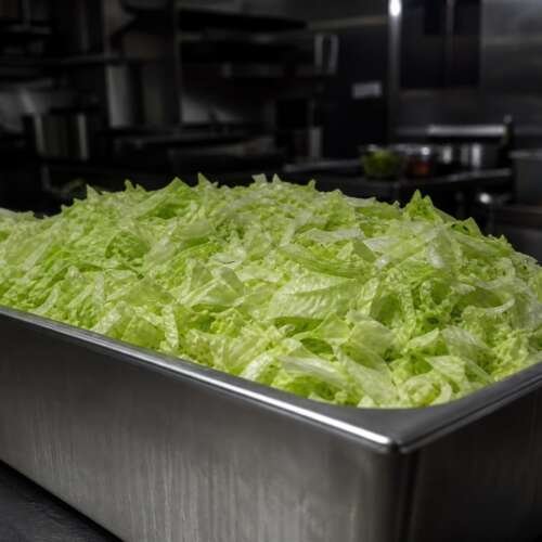 A stainless steel bin of shredded iceberg lettuce on a counter in a dim commercial kitchen