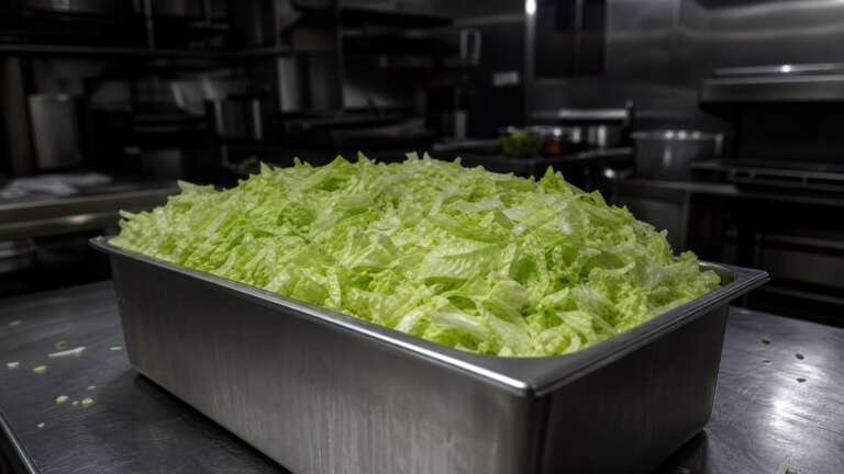 A stainless steel bin of shredded iceberg lettuce on a counter in a dim commercial kitchen