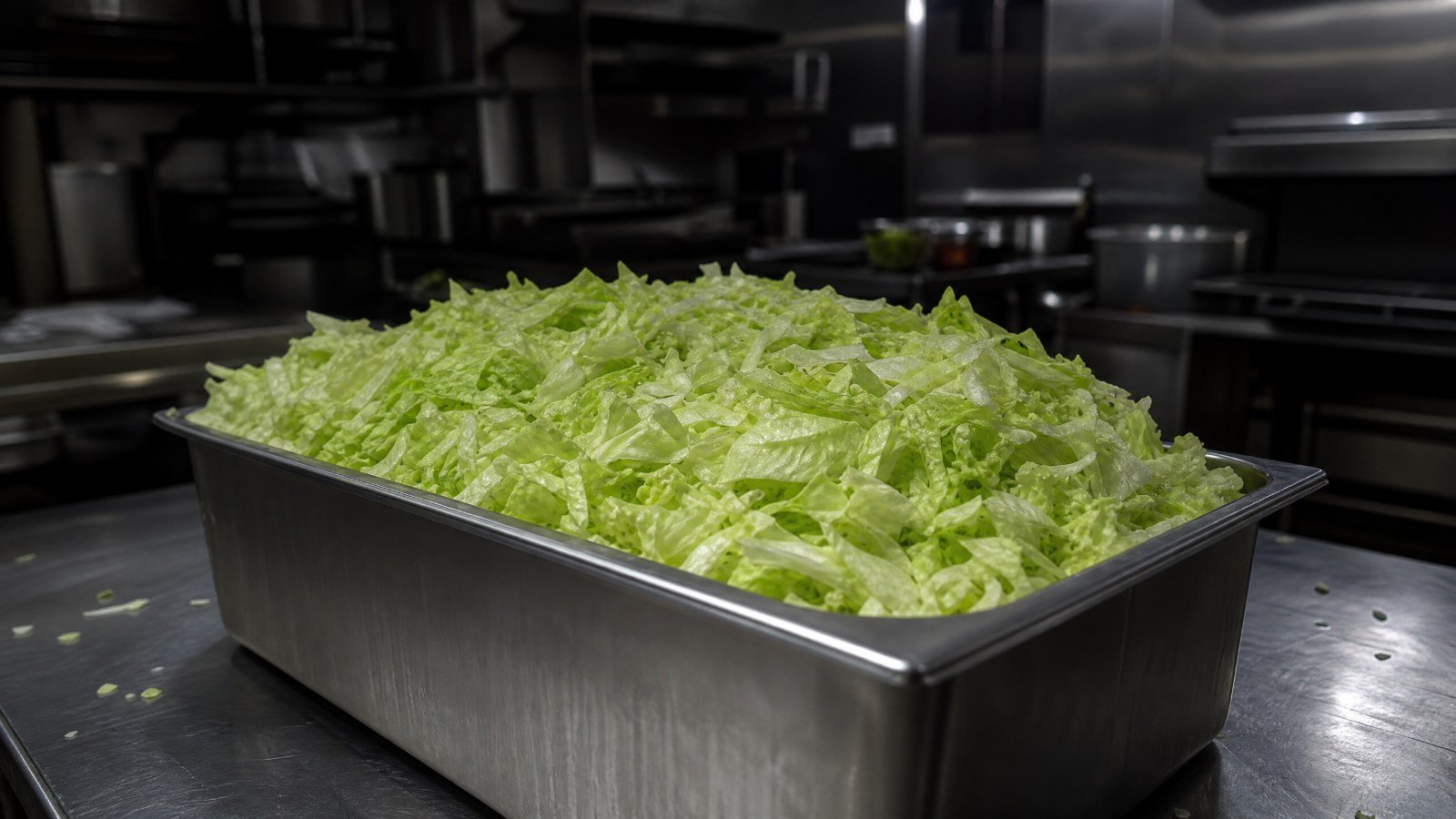 A stainless steel bin of shredded iceberg lettuce on a counter in a dim commercial kitchen