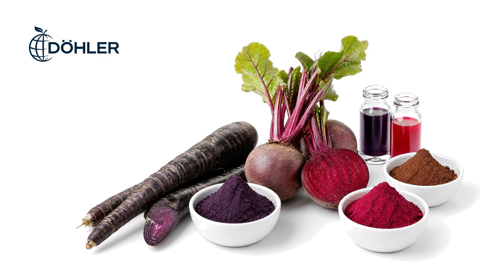 Black carrots, red beetroots and bowls of purple, red and brown natural color powders with vials of liquid color on white, with the Döhler logo
