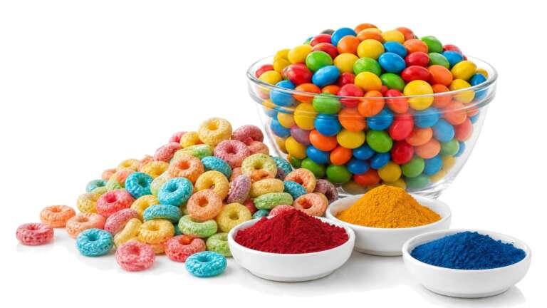 Naturally colored breakfast cereal loops in a white bowl on a pure white studio background