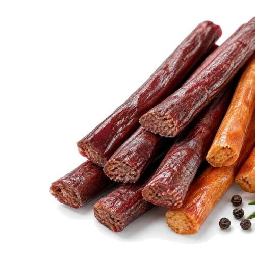 A fan of unwrapped beef and chicken meat sticks, some snapped in half, with rosemary and peppercorns on white, with the General Mills logo