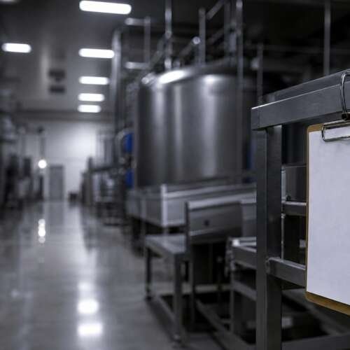 A blank clipboard hanging on a steel rail in an empty, dimly lit food processing plant