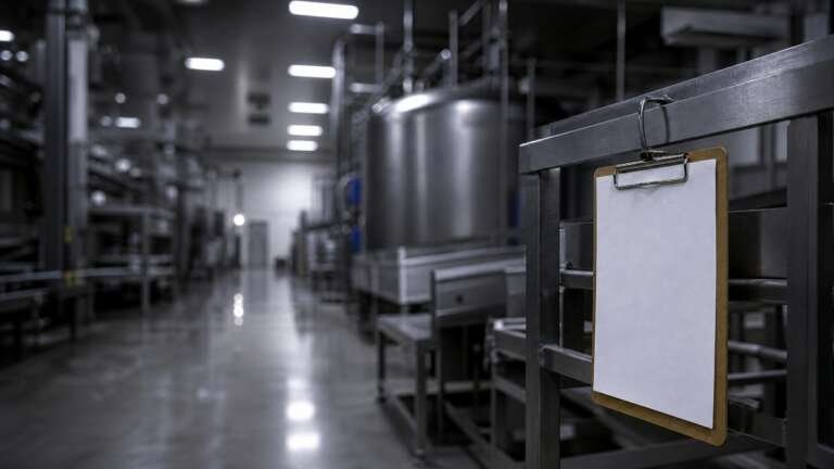 A blank clipboard hanging on a steel rail in an empty, dimly lit food processing plant