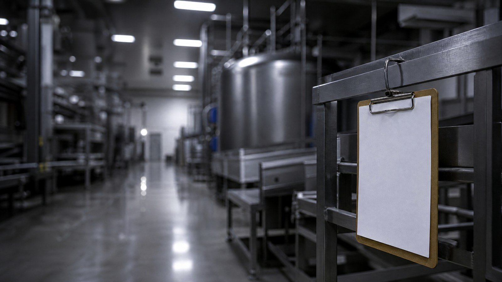 A blank clipboard hanging on a steel rail in an empty, dimly lit food processing plant