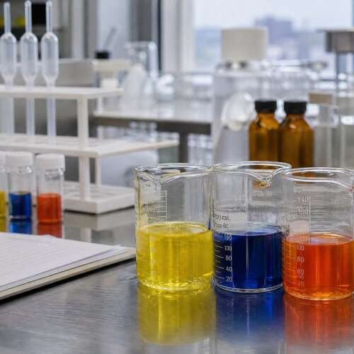 Laboratory bench with beakers of yellow, blue and orange natural color solutions
