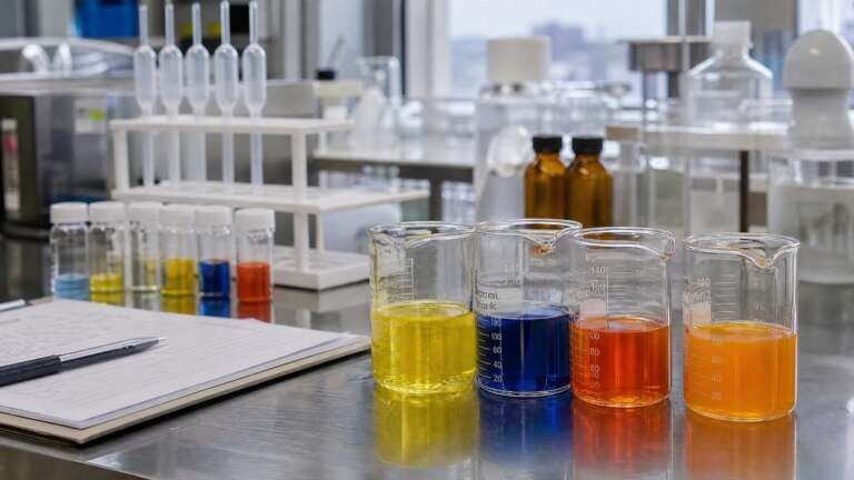 Laboratory bench with beakers of yellow, blue and orange natural color solutions