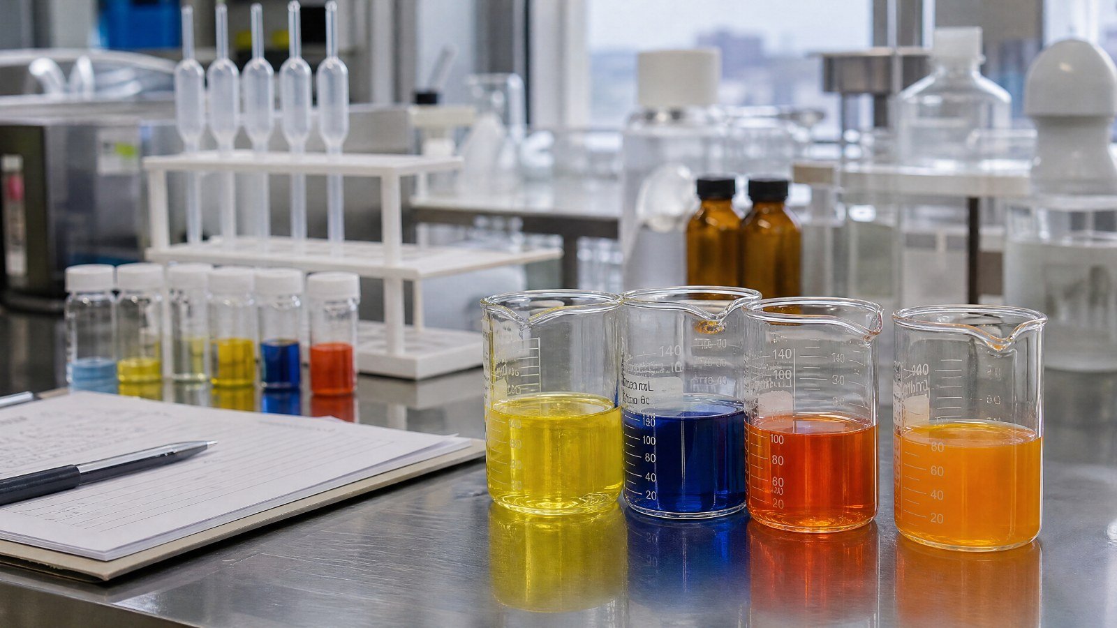 Laboratory bench with beakers of yellow, blue and orange natural color solutions