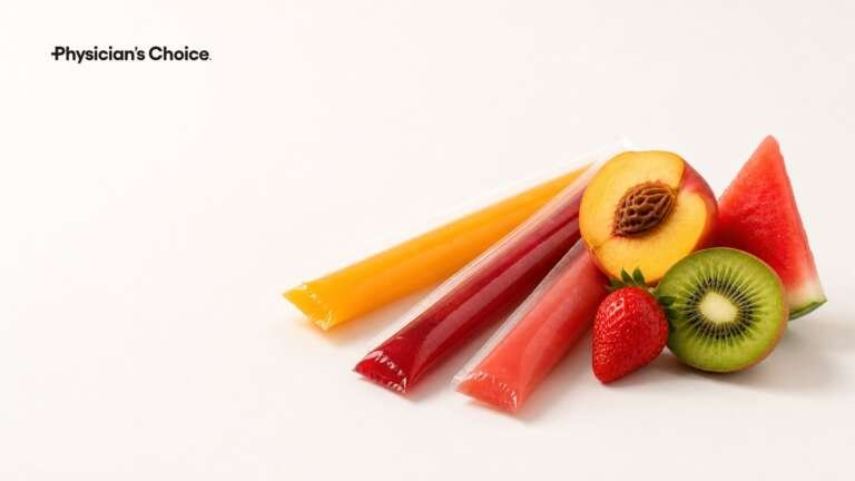 Three squeezable jelly sticks in orange, red and pink beside peach, strawberry, kiwi and watermelon, with the Physician's Choice logo