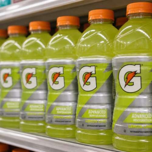 Illustration: a supermarket shelf of 28-ounce Gatorade Lemon Lime bottles