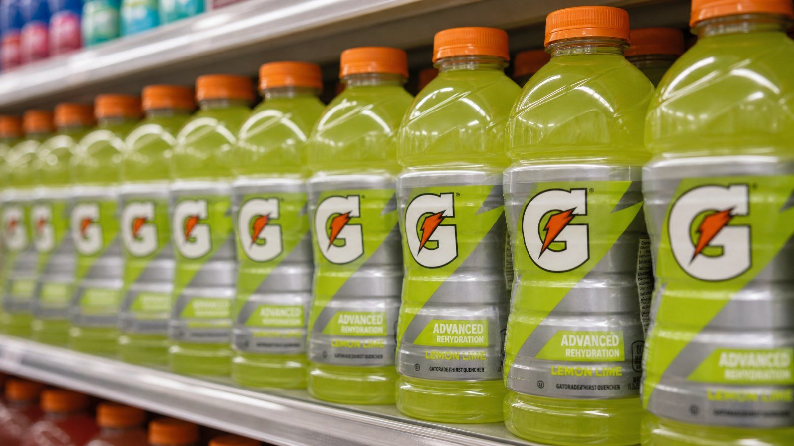 Illustration: a supermarket shelf of 28-ounce Gatorade Lemon Lime bottles