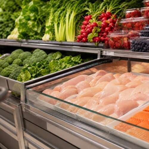 Supermarket produce and fresh protein department with greens, berries, chicken and salmon