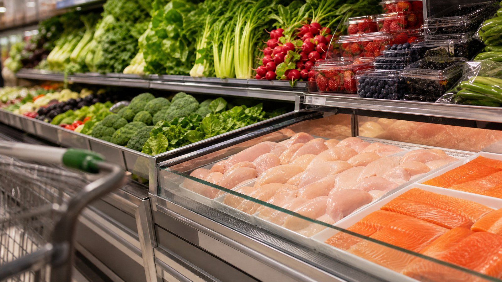 Supermarket produce and fresh protein department with greens, berries, chicken and salmon