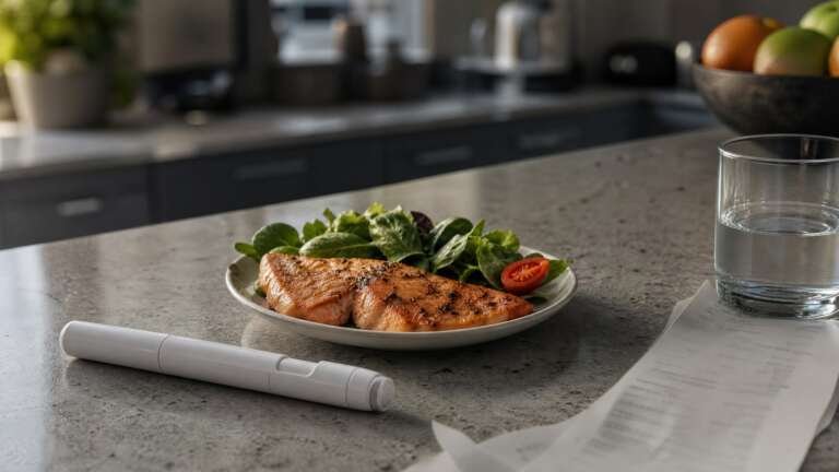 Kitchen counter with an unbranded medication pen beside a small plate of grilled salmon and greens