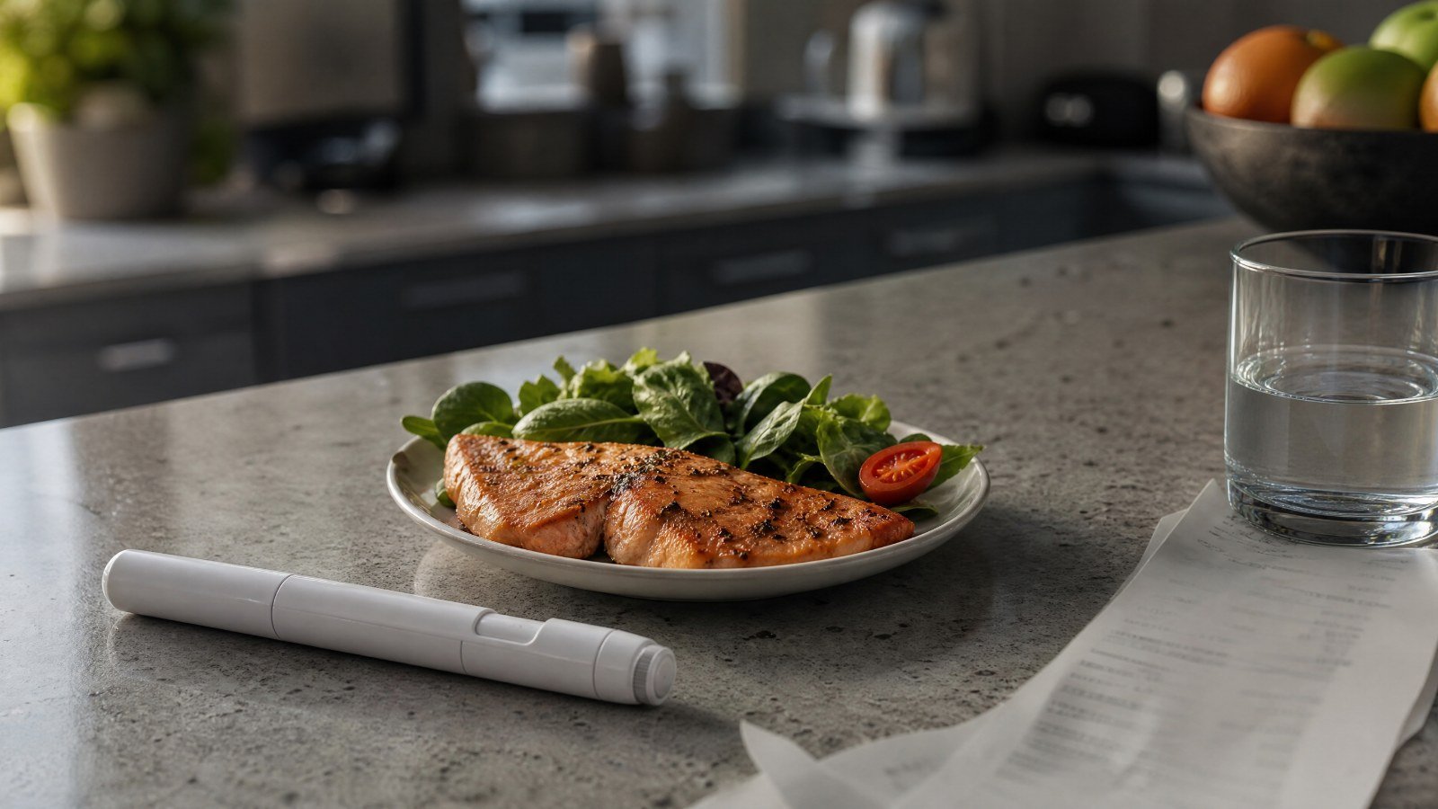 Kitchen counter with an unbranded medication pen beside a small plate of grilled salmon and greens