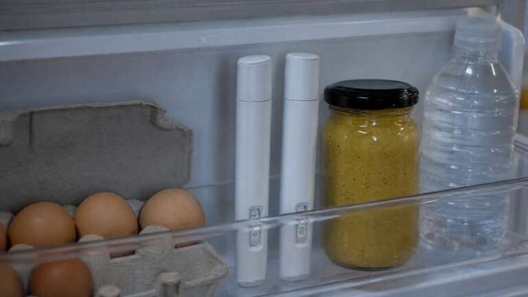 Two unbranded medication pens in a refrigerator door shelf beside eggs, a jar and a water bottle