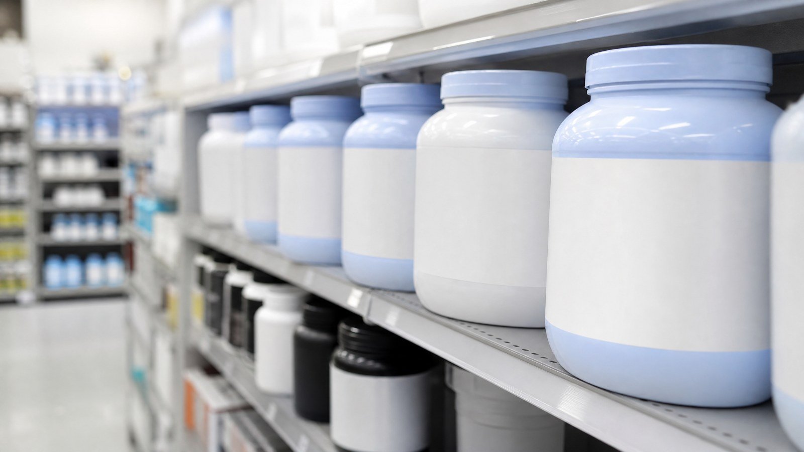A pharmacy shelf lined with plain unlabeled tubs of protein nutrition powder