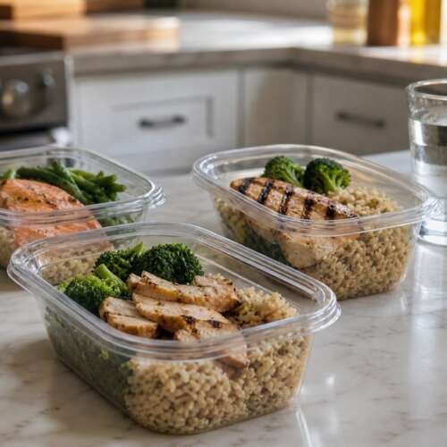Prepared meal containers with chicken, salmon, brown rice and green vegetables on a kitchen counter